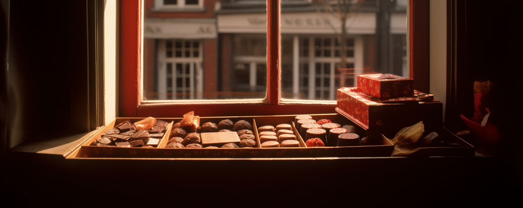 A box of chocolate in the window of a chocolatier